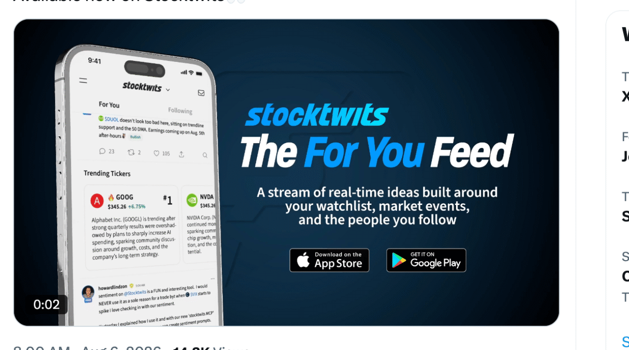 The Stocktwits 'For You' Feed …The Personal Idea Machine based On Your Watchlist, Your Follows and Market Events